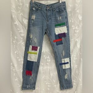 Upcycled Denim Jeans Boho Fabric Fringe Embellishments Distressed Sz M EUC